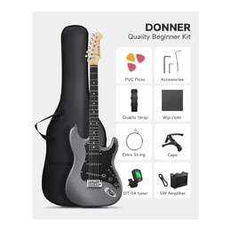 Donner DST-80 Electric Guitar with Mini Amplifier and Accessories - Black