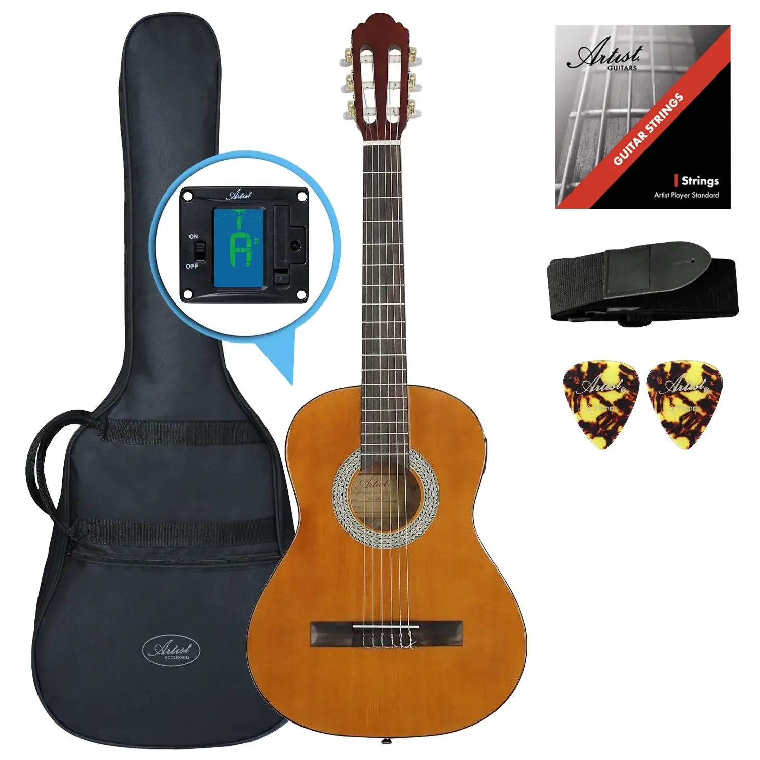 Artist CL44AML Left Handed Full Size Classical Guitar Pack with Gig Bag Tuner