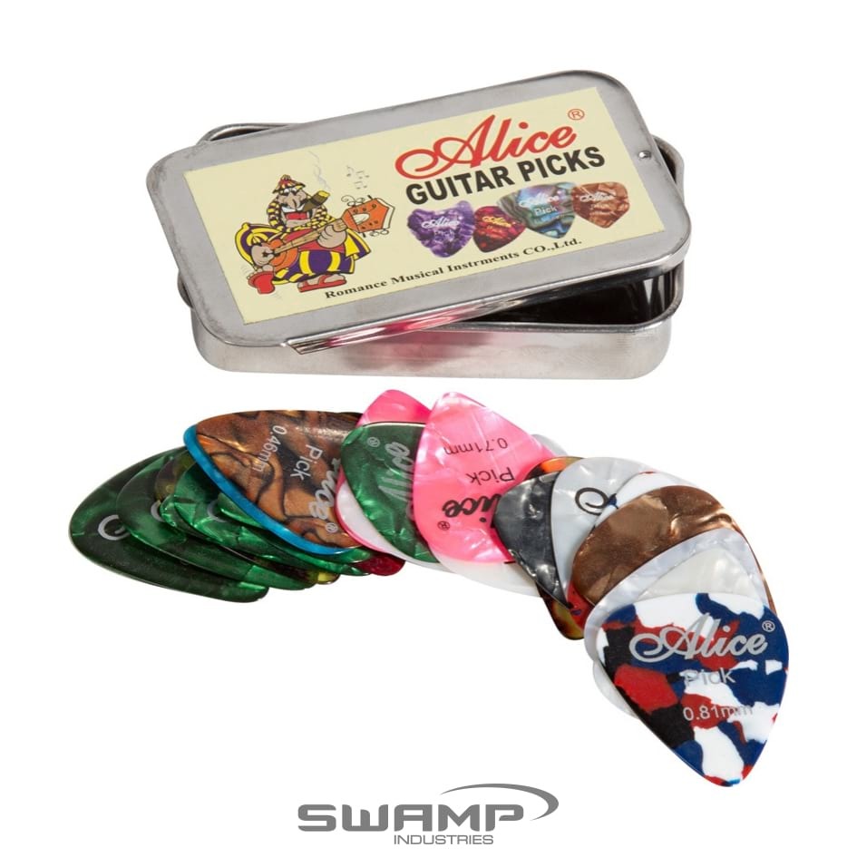 Set of 12x Alice Guitar Picks - Variety Pack - Celluloid - Small Round Tin