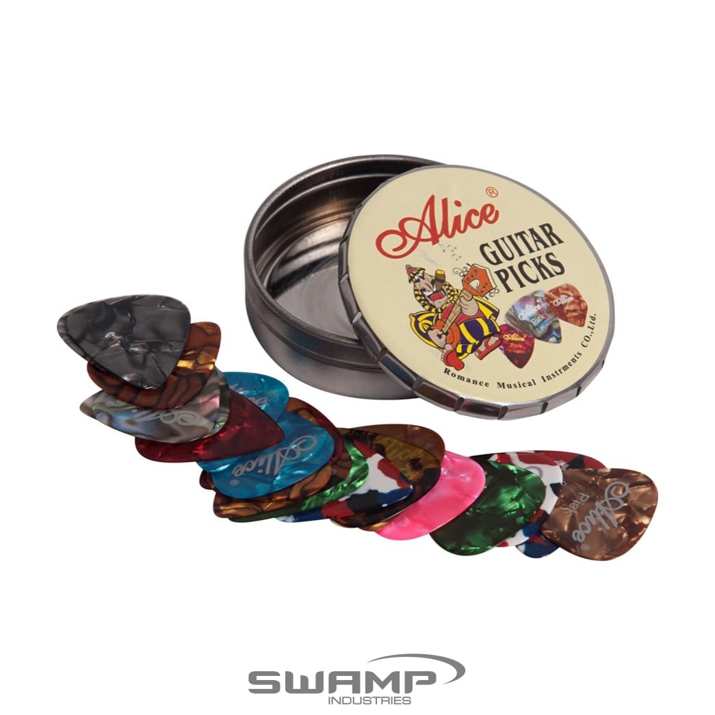 Set of 12x Alice Guitar Picks - Variety Pack - Celluloid - Small Round Tin