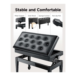 Donner Duet Adjustable Height Two-Seater Piano Bench - Black