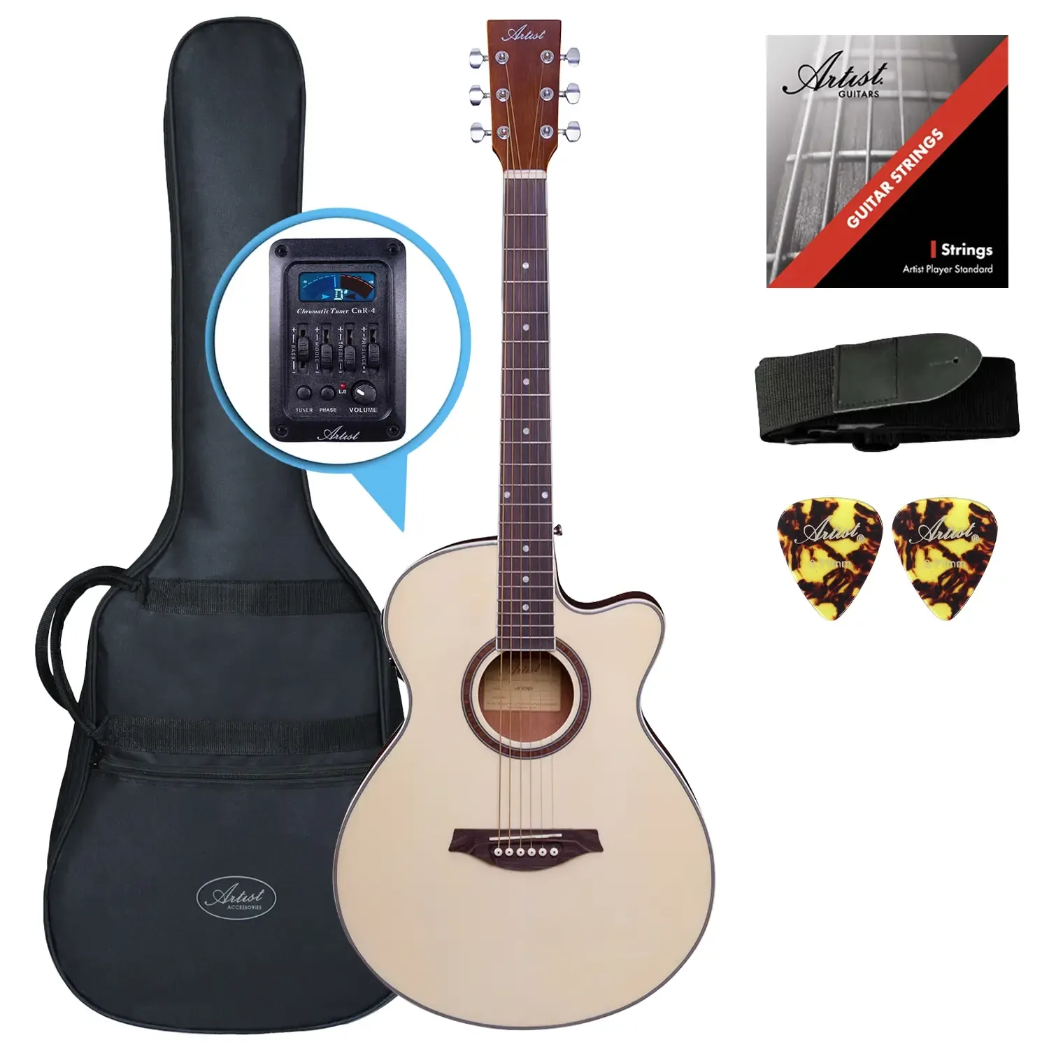 Steel String Acoustic Electric Guitar - Pickup & Tuner - Small Body - Natural