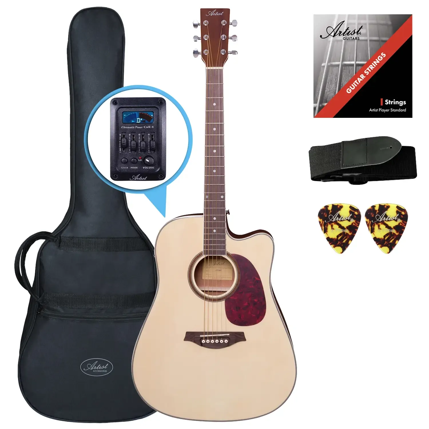 Steel String Acoustic Guitar - Tuner & Pickup - Dreadnought - Natural