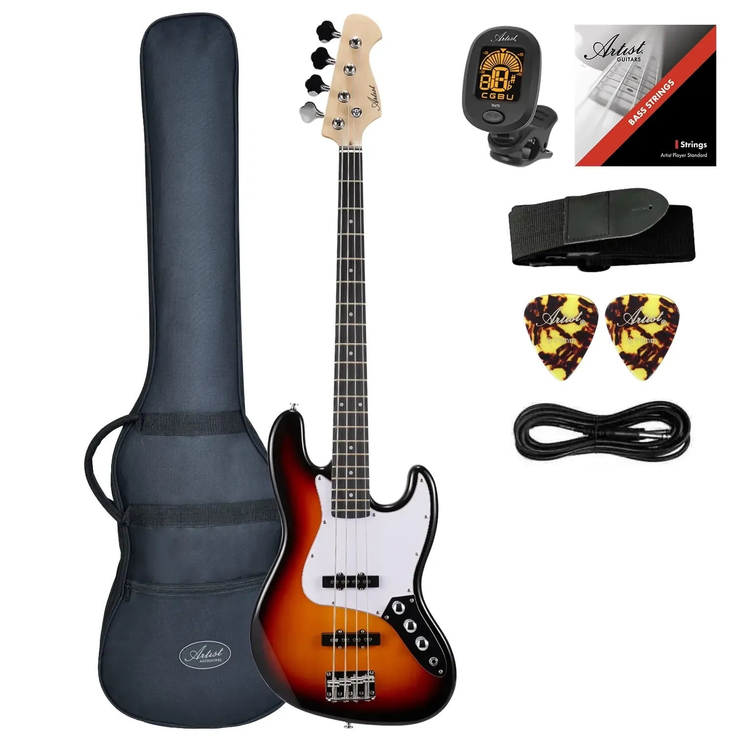 Artist AJB J-Style Electric Bass Guitar with Accessories - Sunburst
