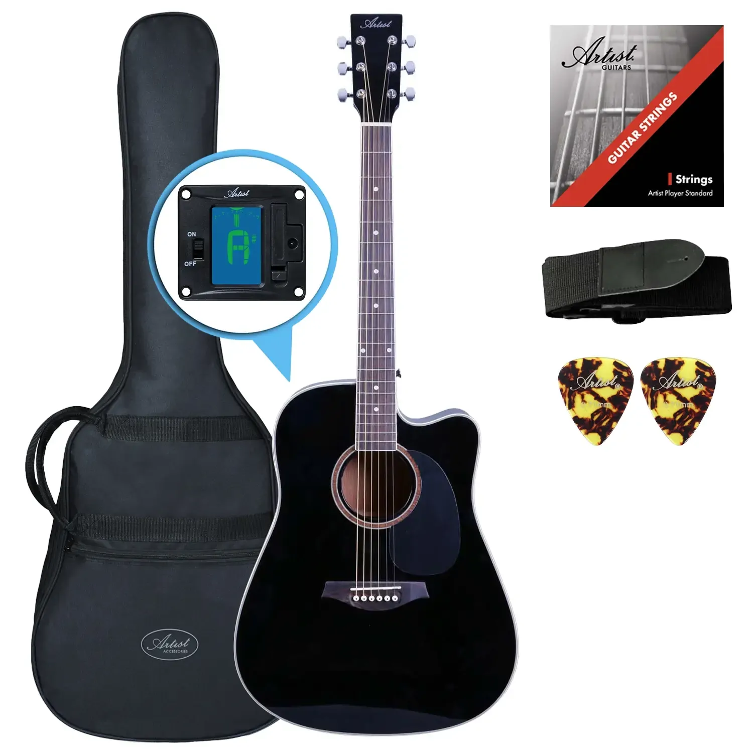 Artist LSPCBK Acoustic Guitar Pack With Cutaway - Black