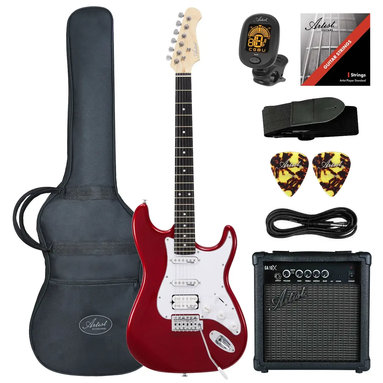 Artist AS1 ST-Style HSS Electric Guitar with 10W Amplifier - Candy Apple Red