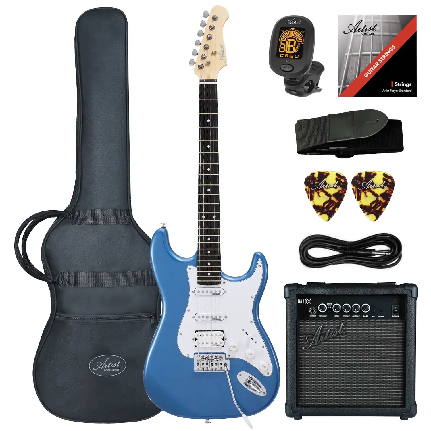 Artist AS1 ST-Style HSS Electric Guitar with 10W Amplifier - Metallic Blue
