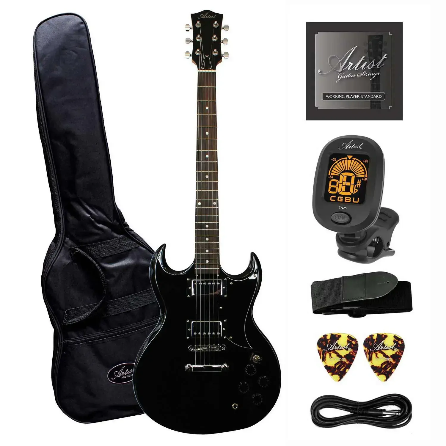 Artist AG1 Electric Guitar with Humbucker Pickups and Accessories - Black