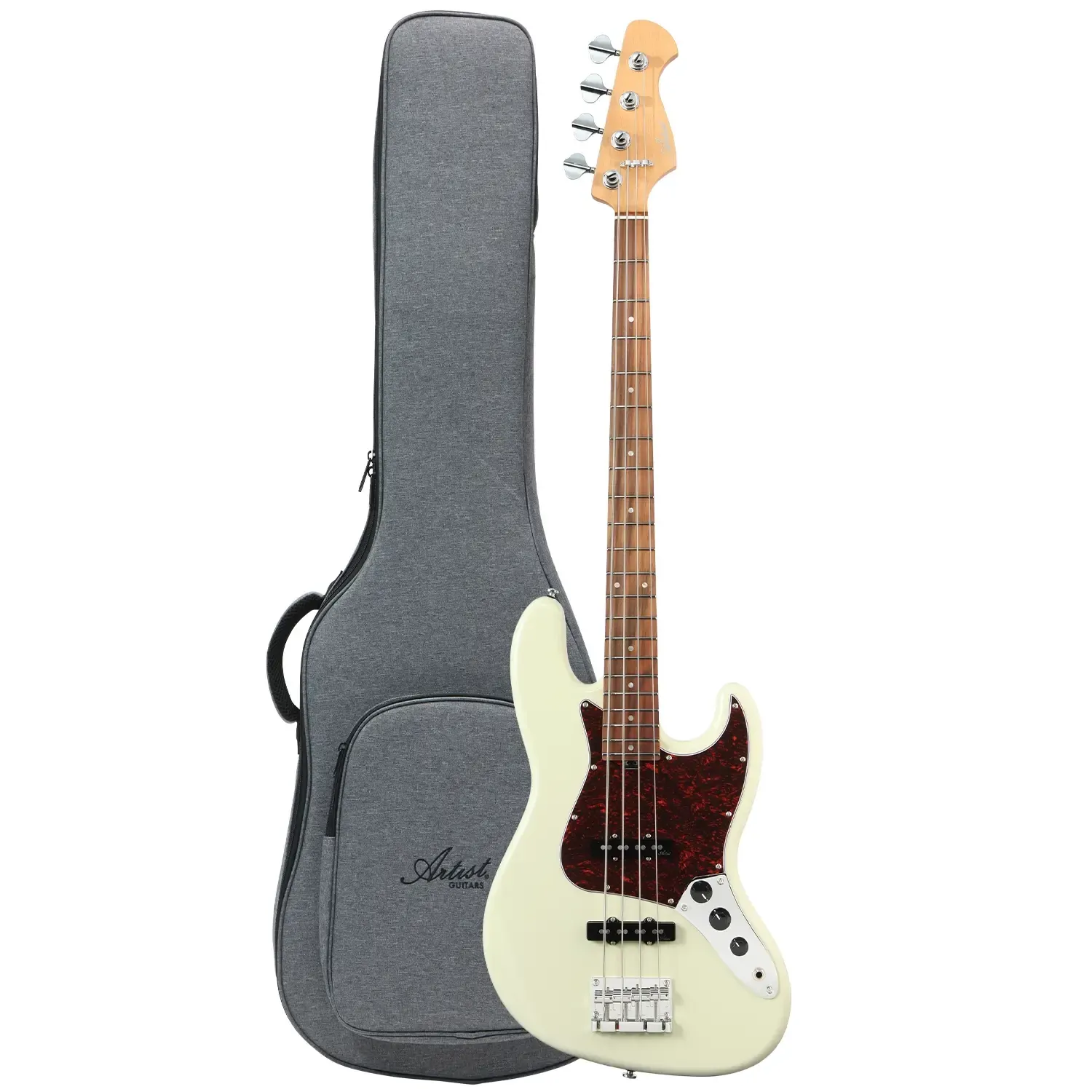 Artist AJBDLX Deluxe Bass Guitar with Premium Gig Bag - Vintage White