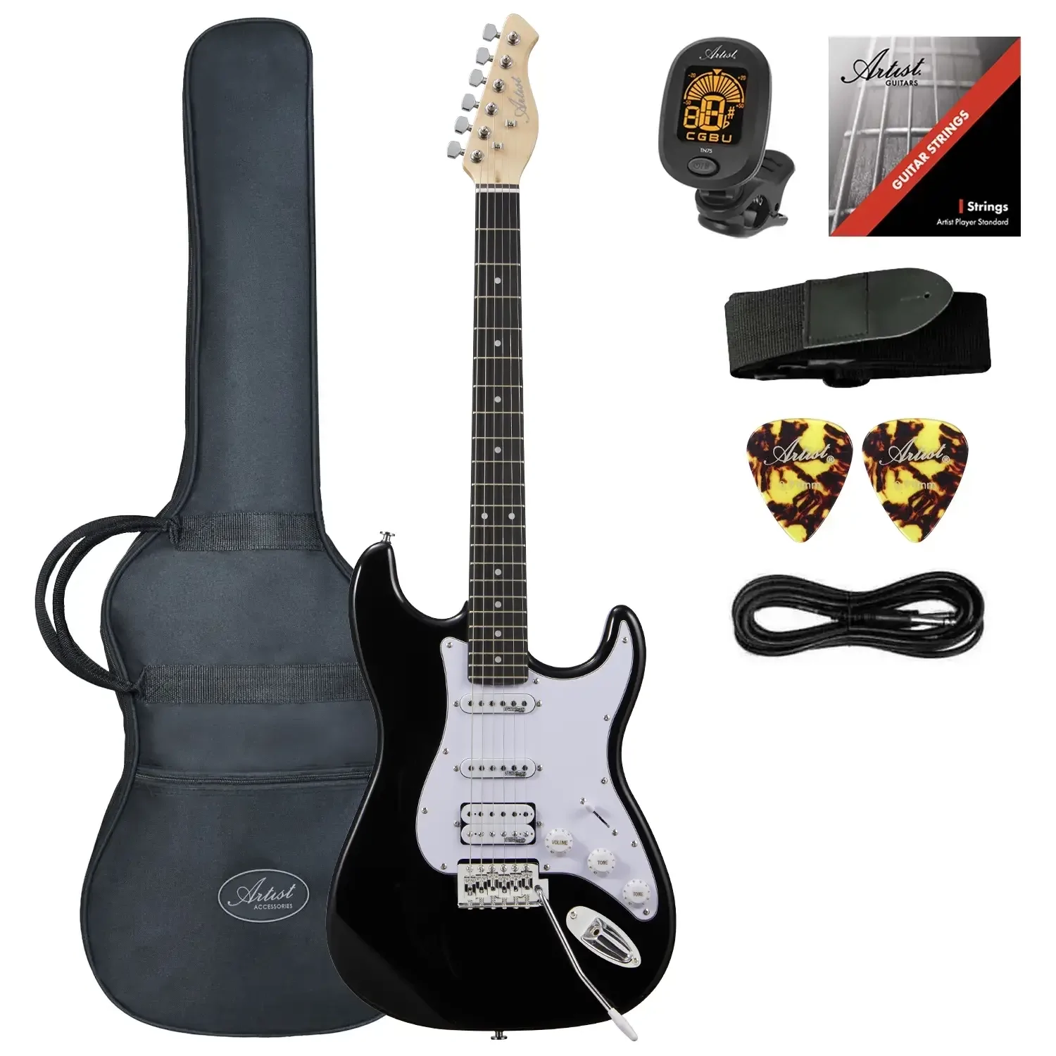 Artist AS1 ST Style HSS Electric Guitar with Accessories - Black