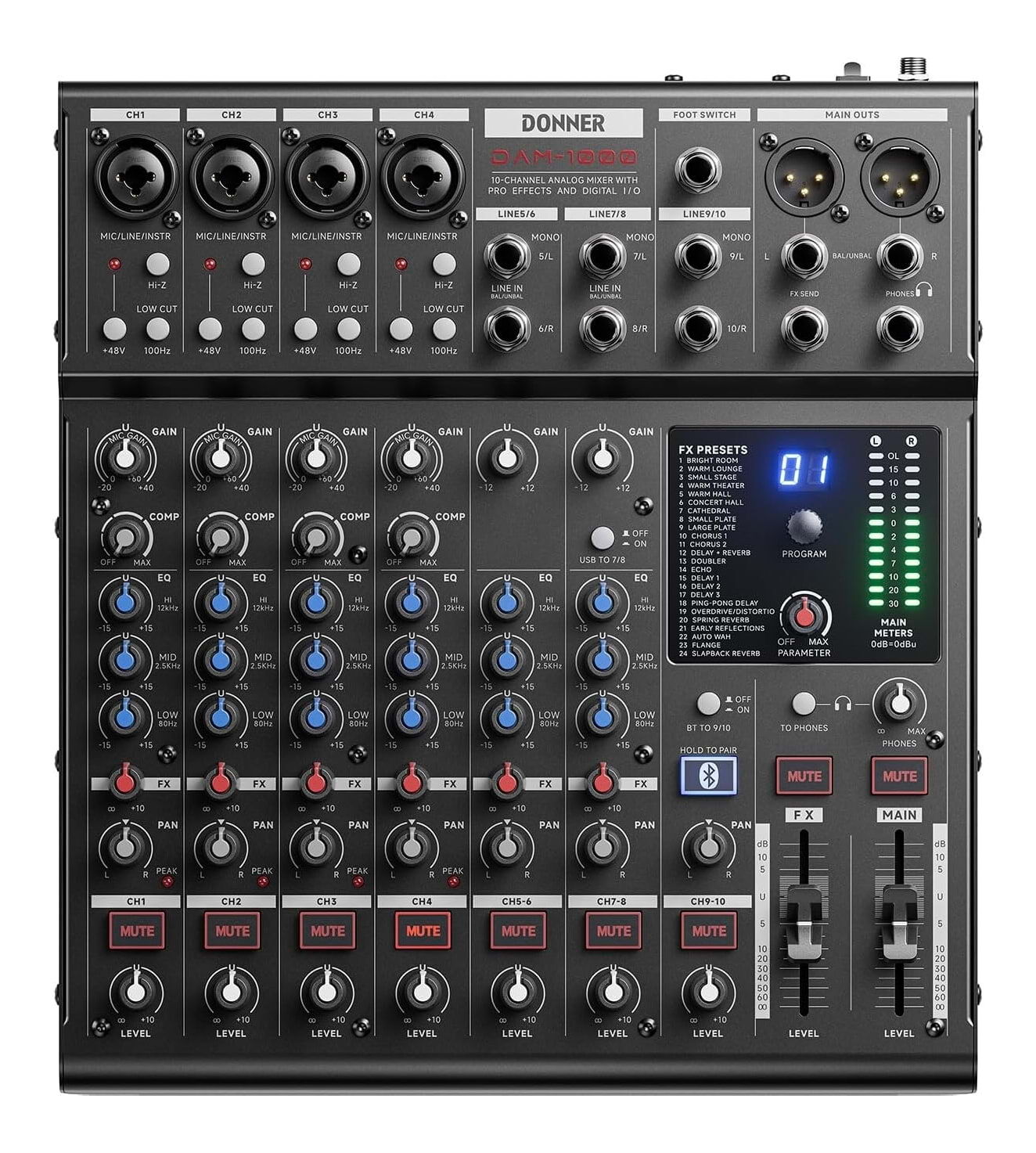 Donner DAM1000 10 Channel Mixer - 4 Mic Preamps - USB Audio Interface