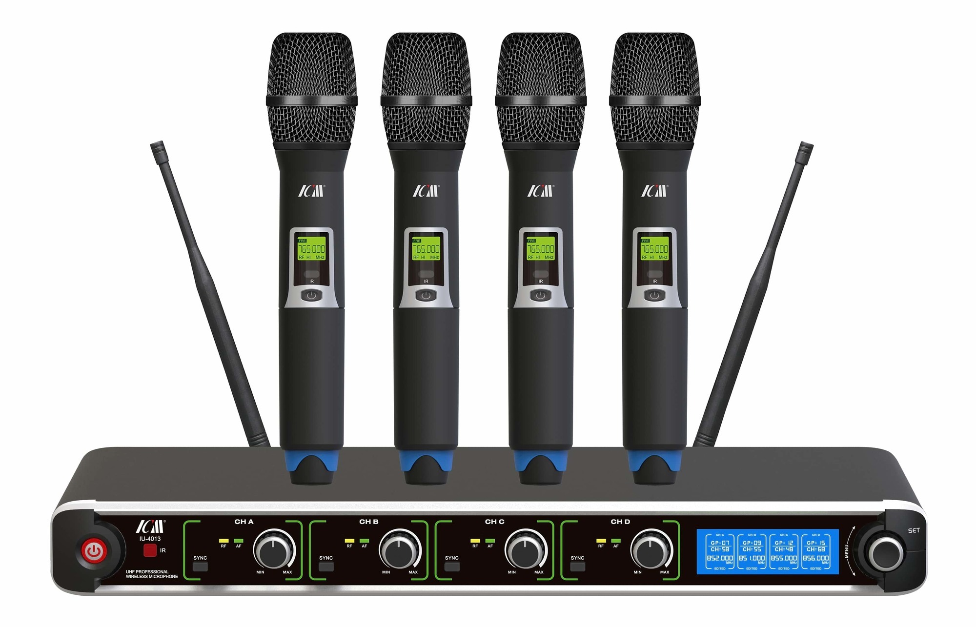 ICM IU 4013 Four Channel Wireless Microphone System 4 Handheld Mics icm-iu-4013-four-channel-wireless-microphone-system-4-handheld-mics