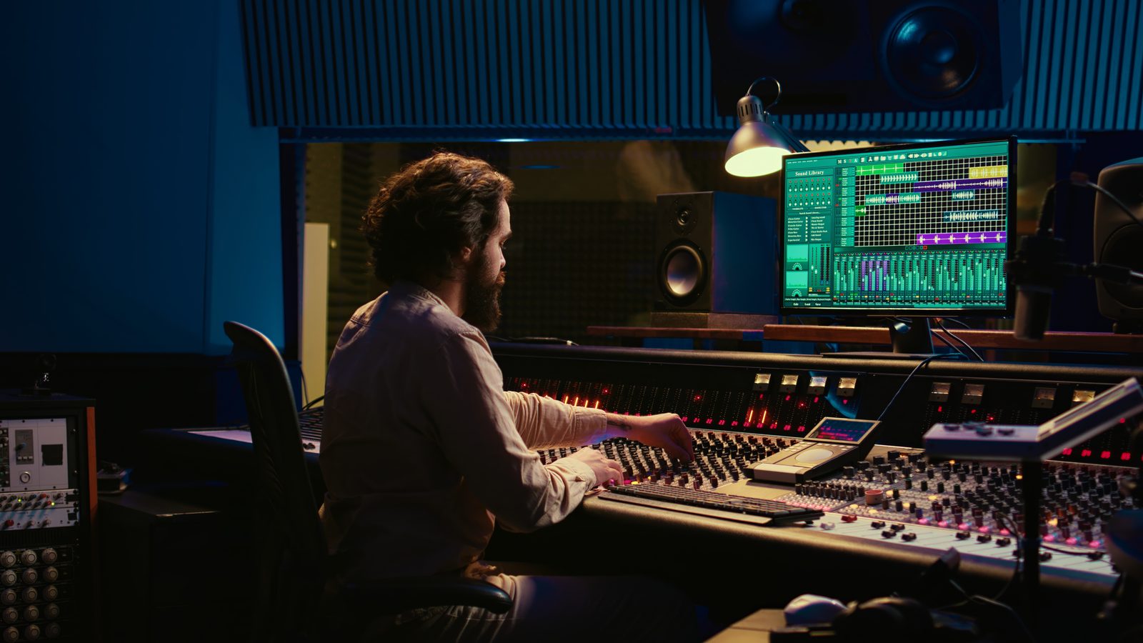Sound engineer mixing at a studio console in a recording control room
