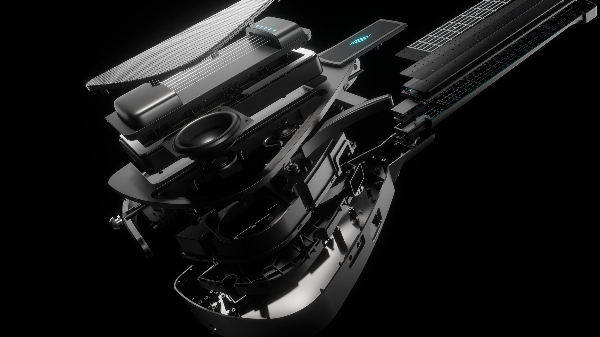 Exploded view of the Cyber-G body showing the built-in speaker system