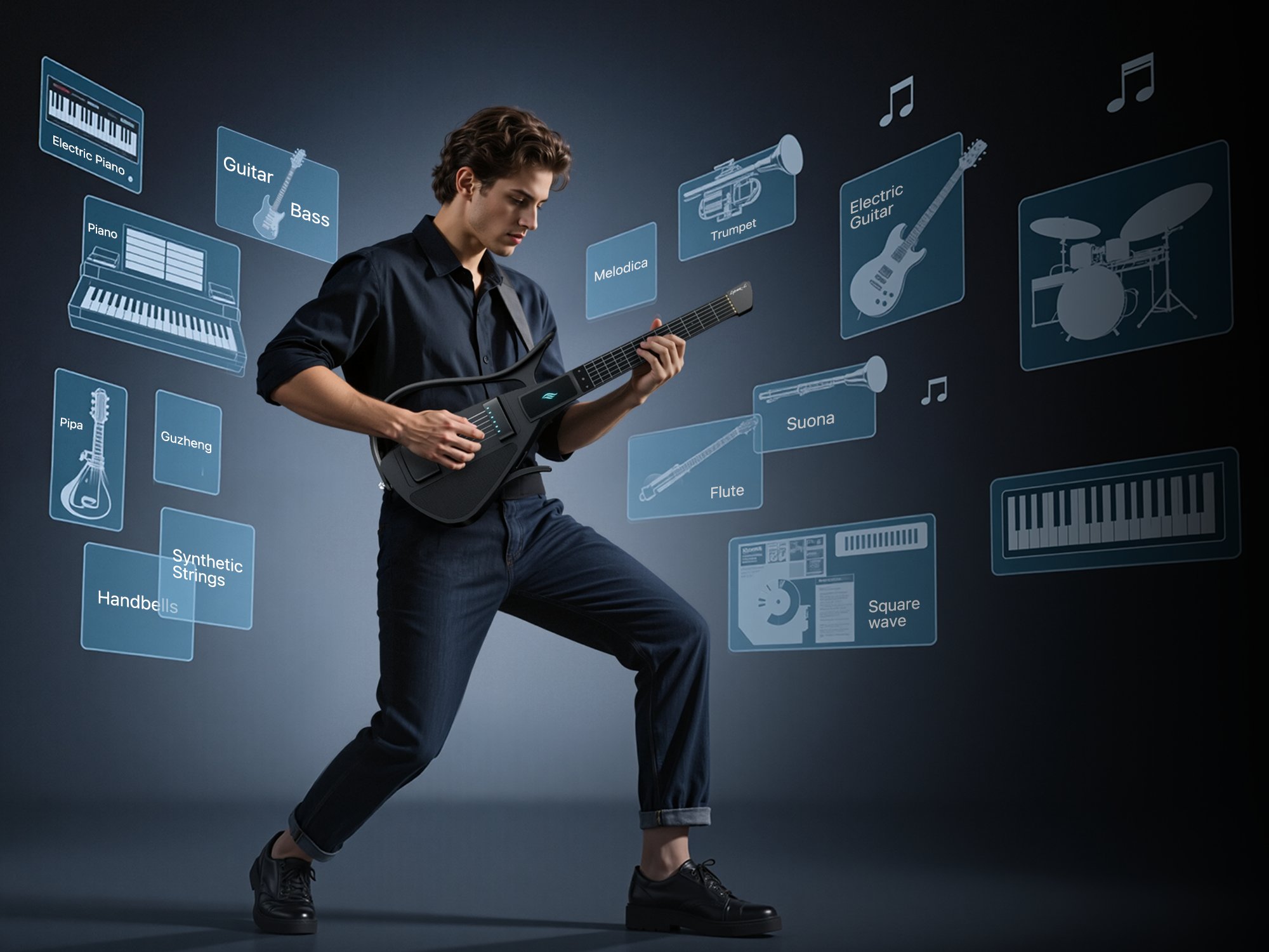 Cyber-G String Model player surrounded by its 24 built-in instrument tones