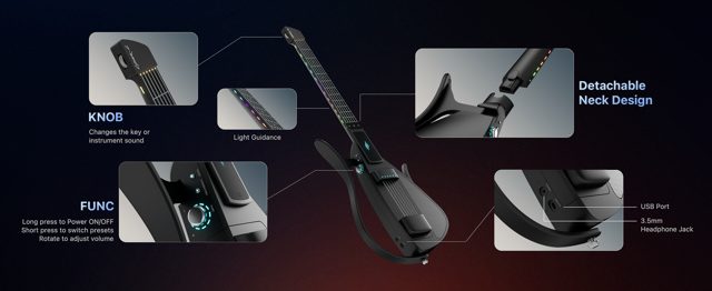 Cyber-G String Model controls: knob, FUNC button, light guidance, detachable neck, USB-C and headphone jack