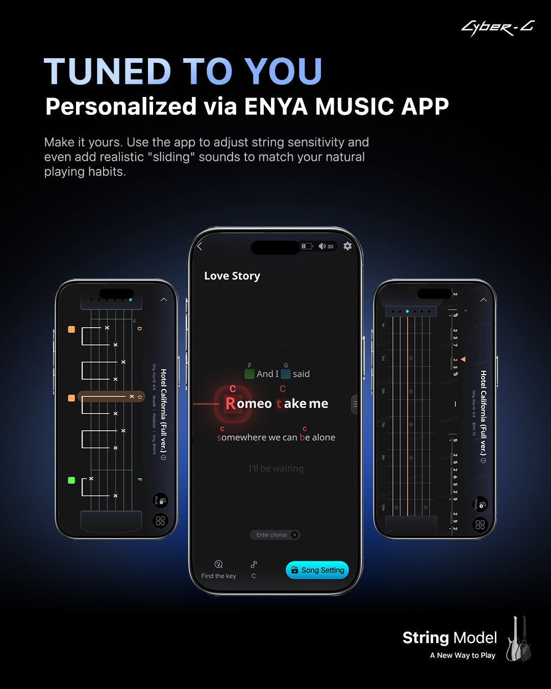 Tuned to you: Enya Music App screens for the Cyber-G String Model with song charts and string sensitivity settings