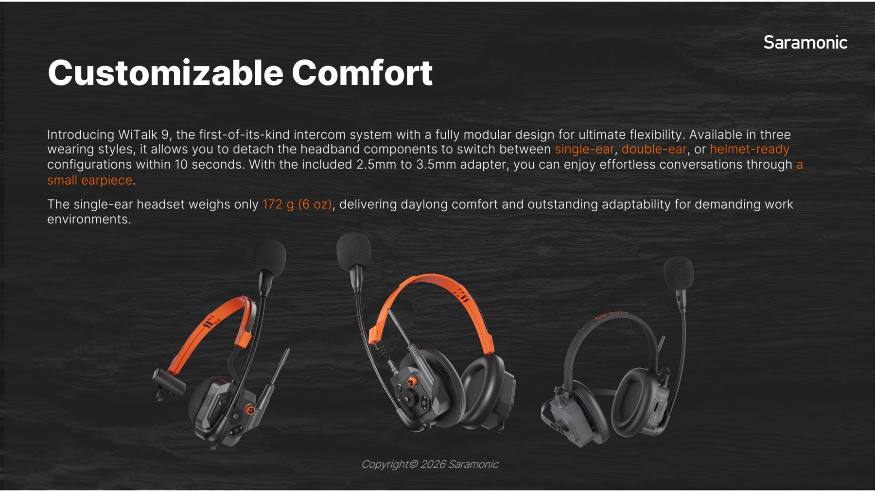 WiTalk9X modular wearing styles: single-ear, dual-ear and helmet-style