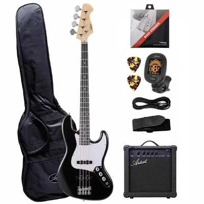Artist AJB Black J-Style Electric Bass Guitar with Accessories & Amplifier