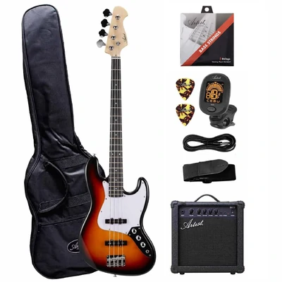 Artist AJB Sunburst J-Style Electric Bass Guitar with Accessories & Amplifier