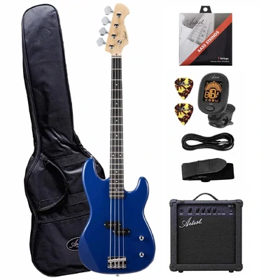 Artist APB Blue P-Style Electric Bass Guitar with Accessories & Amp