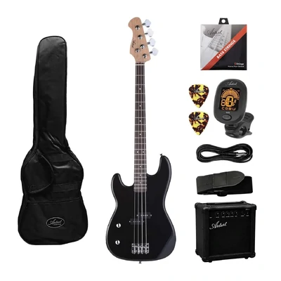 Artist APB Left Handed Black Electric Bass Guitar with Accessories & Amp