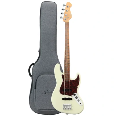 Artist AJBDLX Deluxe Bass Guitar with Premium Gig Bag - Vintage White