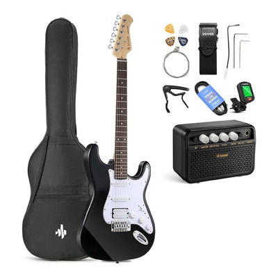 Donner DST-100B Electric Guitar with Mini Amplifier and Accessories - Black
