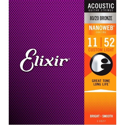 Elixir 11027 Nanoweb 80/20 Bronze Acoustic Guitar Strings - Custom Light -11-52
