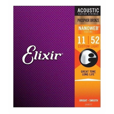 Elixir 16027 Nanoweb Phosphor Bronze Acoustic Guitar Strings Custom Light 11-52