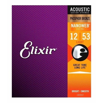 Elixir 16052 Nanoweb Phosphor Bronze Acoustic Guitar Strings Light Gauge 12-53