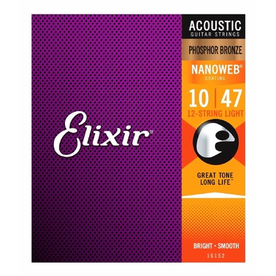 Elixir 16152 Nanoweb Phosphor Bronze 12-String Guitar Strings Light Gauge 10-47