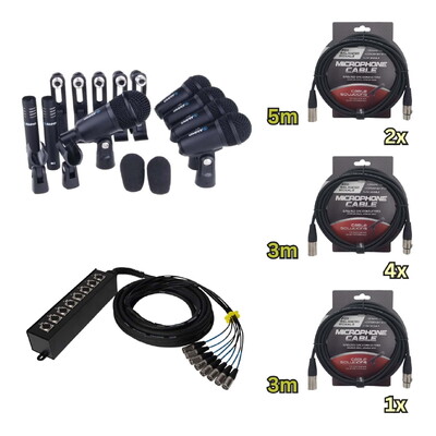 7 Piece Drum Kit Microphone Set w/ Cables and Stage Box