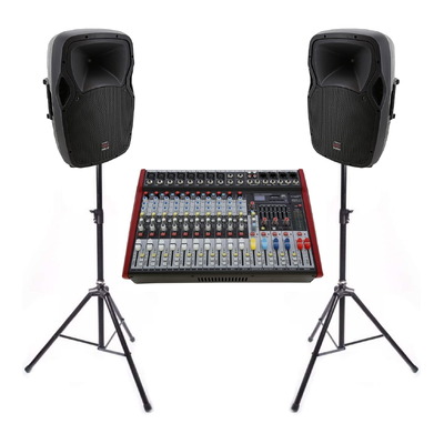 Live PA Value Package - Powered Mixer + 12" Speakers + Stands and Cables