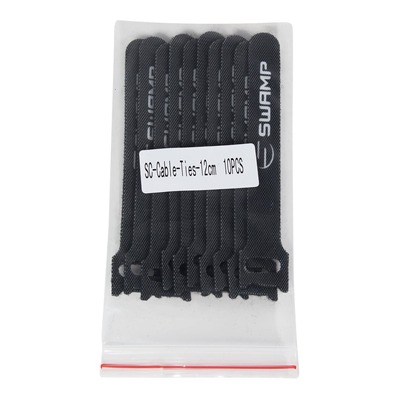 10 Pack of SWAMP Black Hook and Loop Cable Ties - 12cm / Small